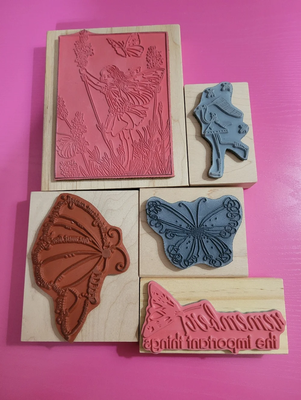 Wooden Rubber Stamp Butterfly & Fairy Themed Stamp Bundle.  Set Of 5. (0725)